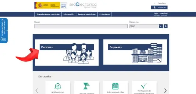Acceso a la zona de Personas en la web del SEPE para buscar el Curso de PRL
