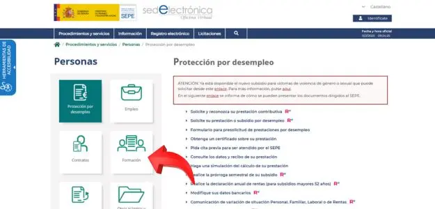 Pestaña de Formación dentro de la zona de Personas del SEPE