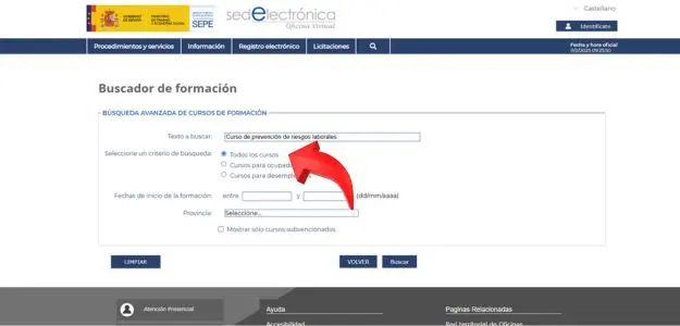 Campo de búsqueda del SEPE escribiendo Curso PRL o Prevención de Riesgos